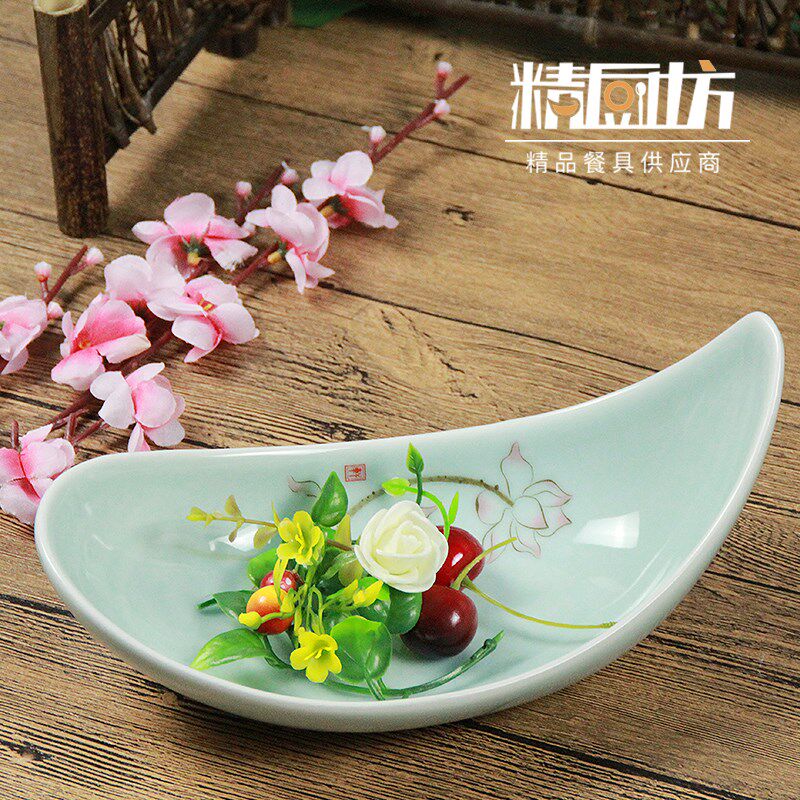 精厨坊酒店用品 餐具盘子创意不规则分子料理中式陶瓷荷花异形盘