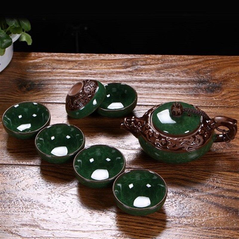 冰裂茶具套装 功夫茶具 整套茶具紫砂 浮雕茶具茶杯陶瓷茶壶套装