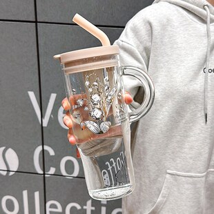 大容量茶水分离玻璃杯家用办公室女生吸管水杯带把手夏季冰霸杯子