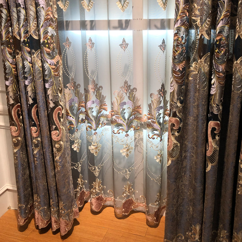 复古欧式客厅绣花镂空窗帘高端大气雪尼尔渐变窗纱阳台落地窗成品