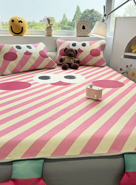 高端!A类卡通红色条纹夏季凉席冰丝席2024新款空调席床笠可折叠