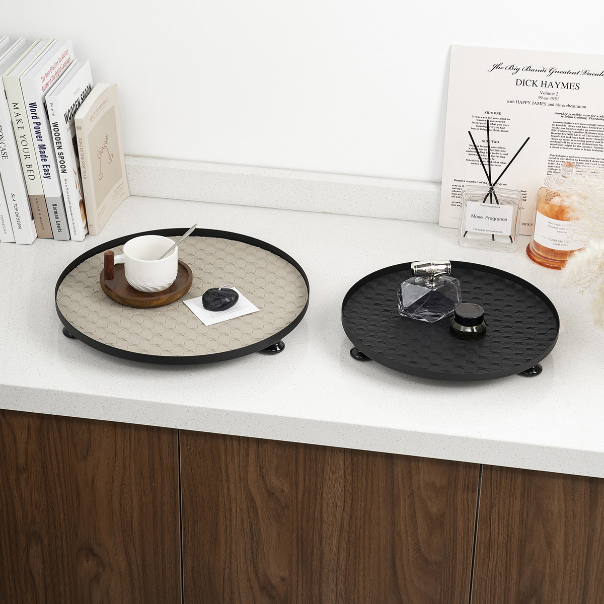 LIXADA北欧风轻奢圆形收纳盘多功能桌面置物盘藤纹皮革带木脚托盘,收纳整理,收纳盘,淘宝优惠券,粉丝福利购,淘宝优惠卷