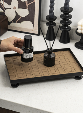 LIXADA轻奢皮革收纳盘木脚托盘香薰蜡烛摆件展示盘玄关置物盘整理