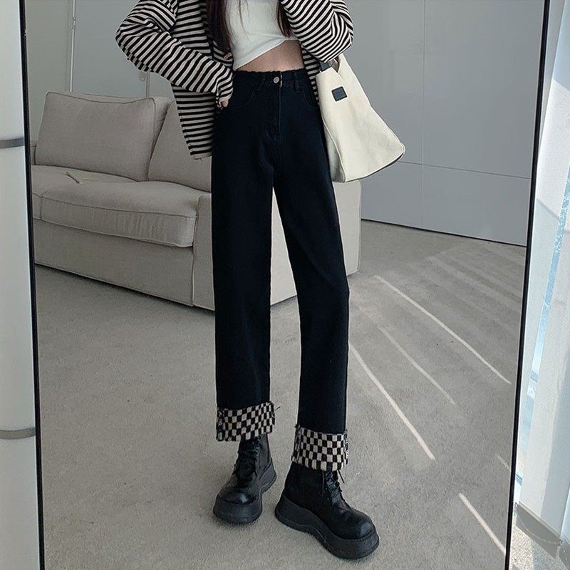 黑色牛仔裤女冬季加绒高腰直筒大码胖mm宽松显瘦阔腿梨形身材裤子