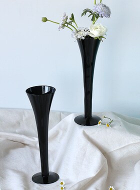 简约黑色高级感玻璃花瓶高脚杯法式复古小众水培花器中式禅意插花