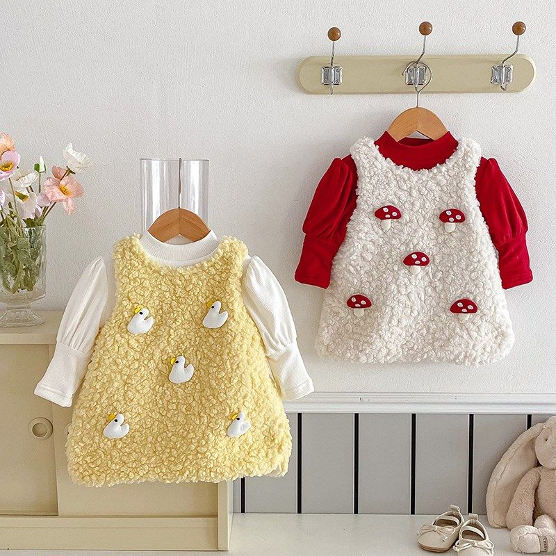 女宝宝秋冬加绒连衣裙洋气婴儿公主裙百日宴礼服冬装卡通裙子套装