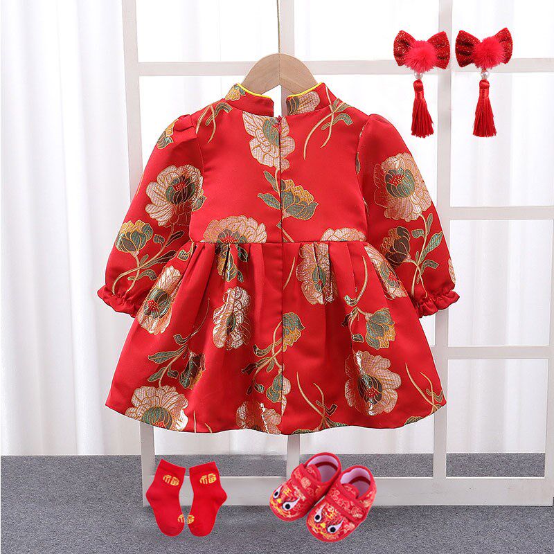 女宝宝周岁礼服春秋款女孩喜庆旗袍唐装婴儿一岁生日宴抓周连衣裙