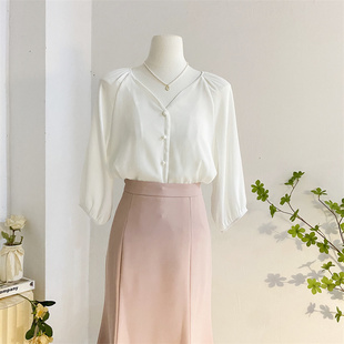 法式V领灯笼袖衬衫女夏季宽松简约气质七分袖雪纺衫洋气小衫上衣