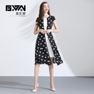开叉a字裙中长款 显瘦黑色波点雪纺连衣裙2021年夏季 黑白拼接短袖