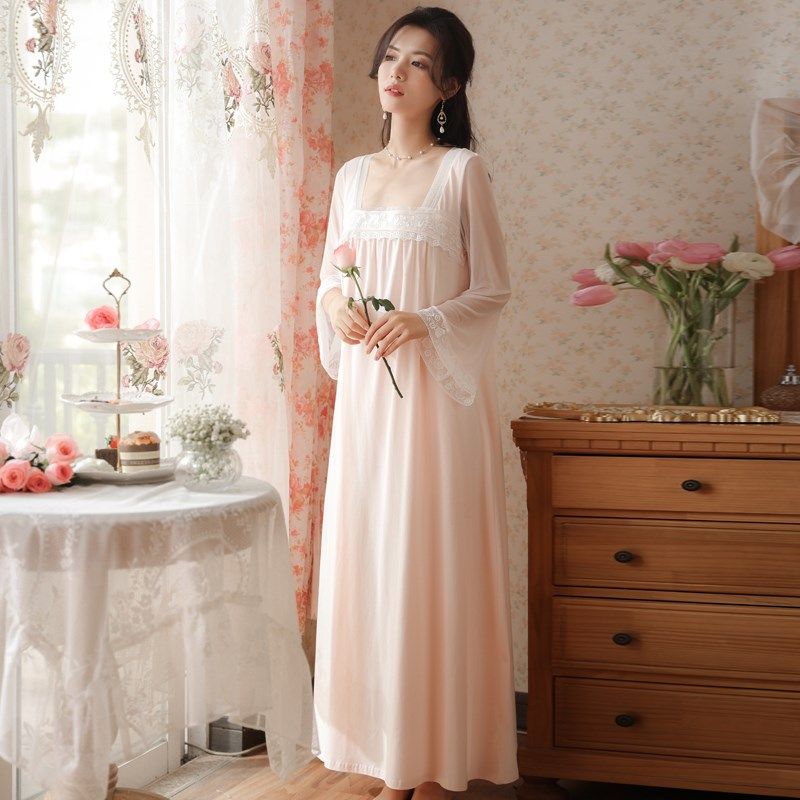 夏季女款古装宫廷睡裙女纯棉汉服性感睡袍复古长袖古风国风睡衣春