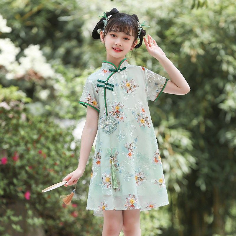 儿童复古旗袍夏季女童连衣裙洋气2024新款中国风短袖绣花裙子夏装