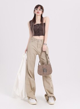 KRO卡其色美式甜酷高腰直筒工装裤女2024新款设计显瘦阔腿休闲裤