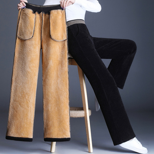 胖mm特厚羊羔绒女裤 加绒加厚高腰直筒大码 子 女秋冬季 雪尼尔阔腿裤