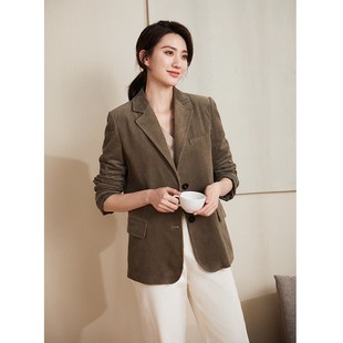 卜语春秋款灯芯绒外套女西装上衣宽松休闲女士单排扣长袖条绒西服