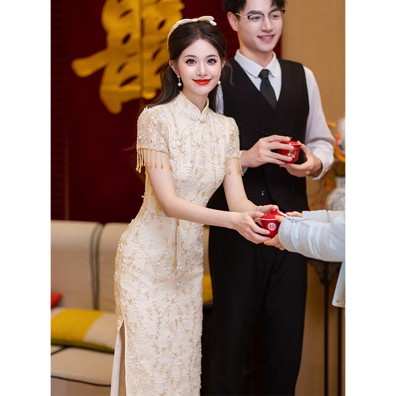 蕾丝敬酒服新娘订婚礼服连衣裙中式旗袍回门服2025新款高级感修身