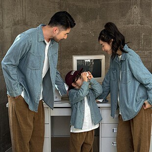 港风复古亲子装一家三口牛仔衬衫2024新款秋装母子母女装长袖外套