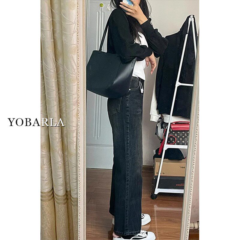 不贴腿微喇牛仔裤女高腰春秋新款大码胖mm显瘦梨形身材宽松阔腿裤