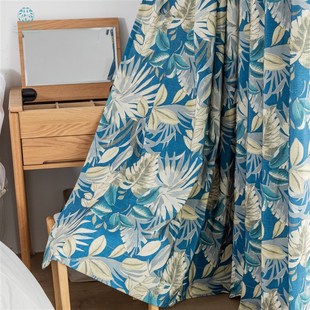 田园风蓝色热带雨林芭蕉叶窗帘半遮光卧室书房阳台客厅落地飘窗帘