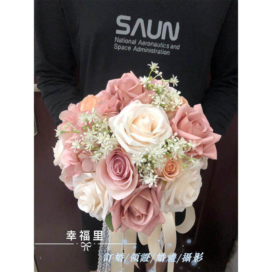 幸福花束新娘婚礼人造玫瑰花束莲藕粉红香槟颜色证书花球原创设计