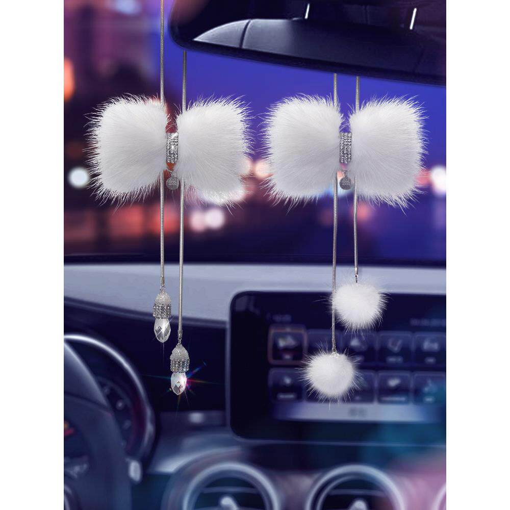 汽车挂件车内吊饰高档女士狐狸貂毛水晶蝴蝶结可爱车载后视镜挂饰