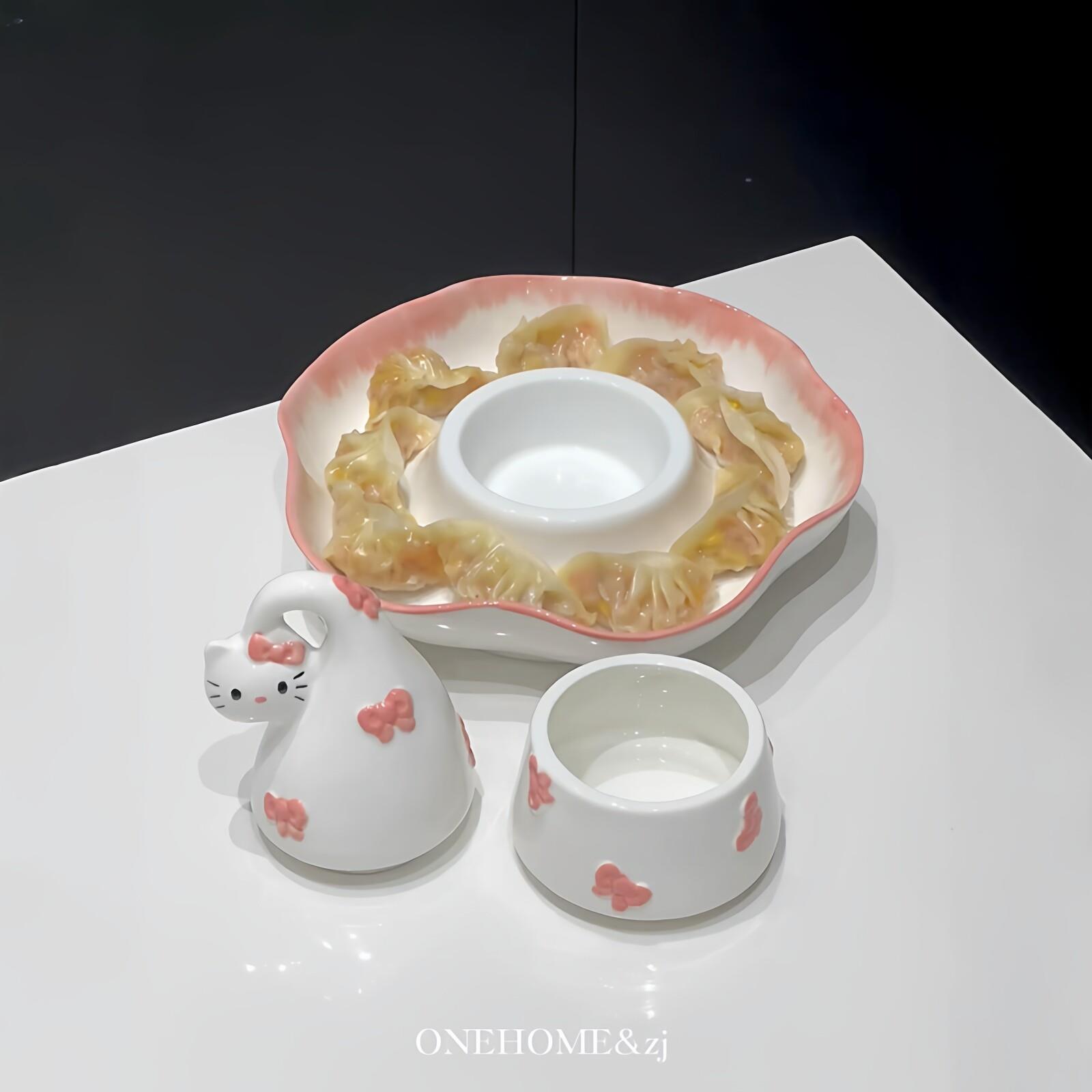 哈喽KT饺子盘家用陶瓷深盘带醋碟分格餐盘高颜值炸物小吃盘薯条盘