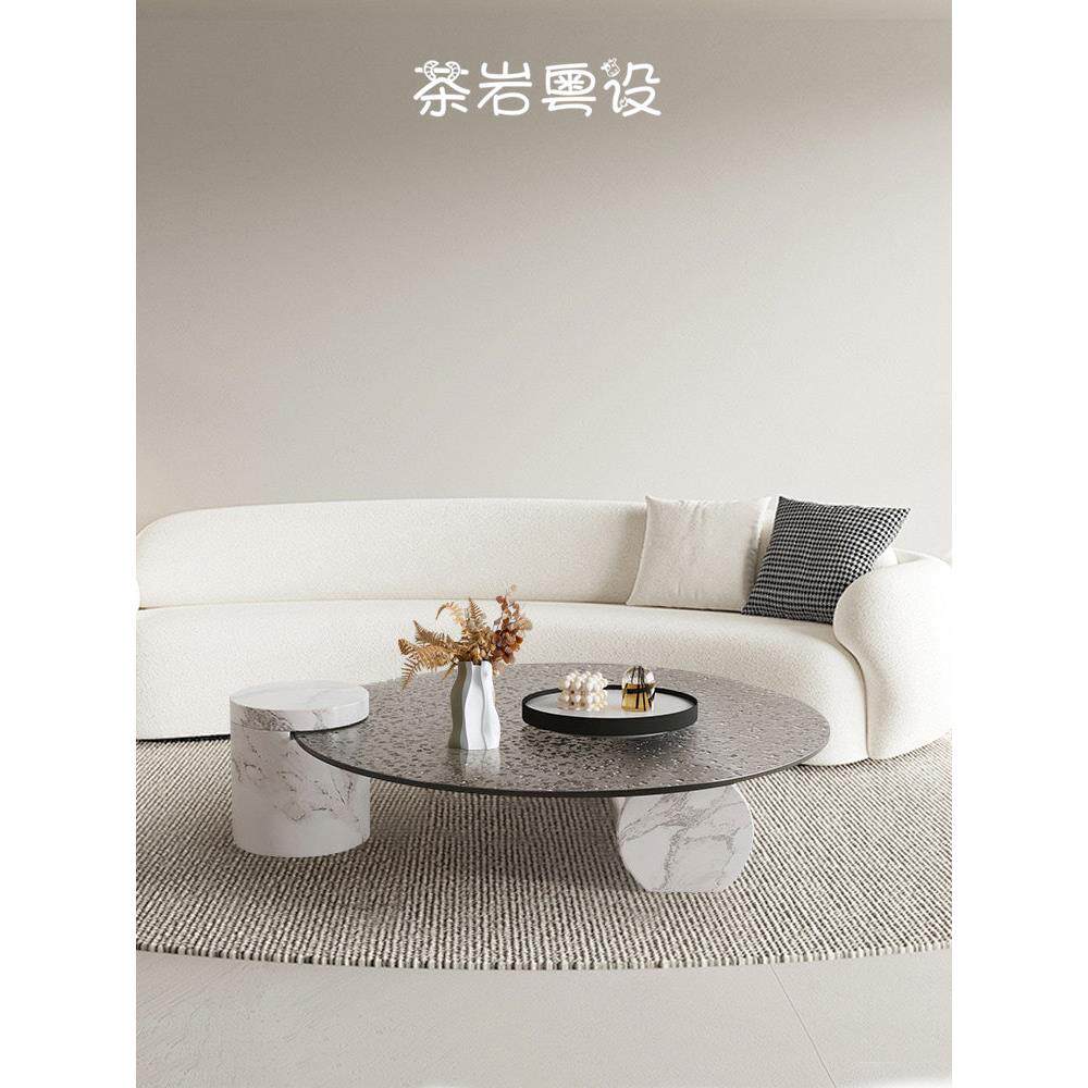 现代轻奢设计师茶几意式极简圆形水波纹钢化玻璃边几大理石baxte