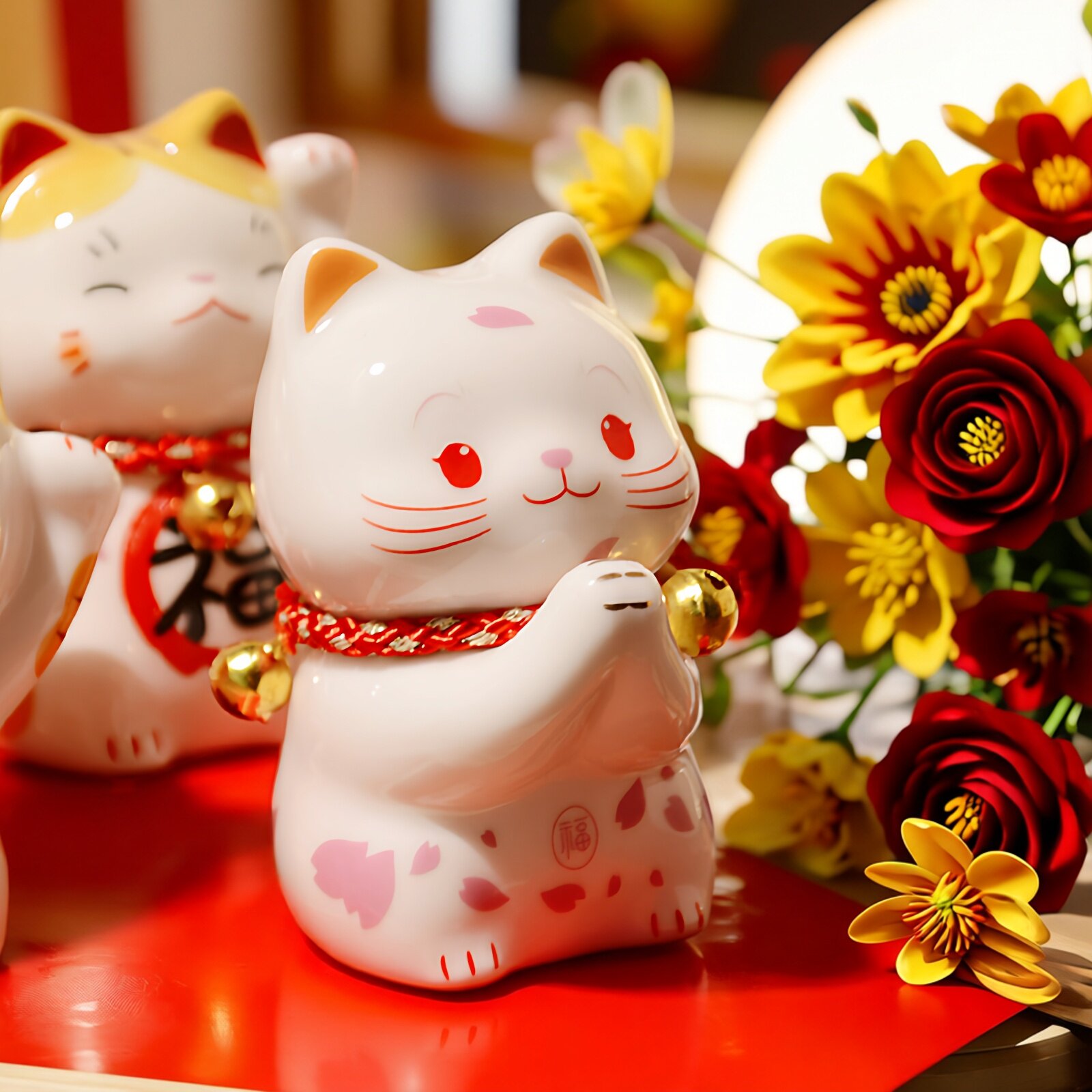 可爱小号精致招财猫摆件日式新款陶瓷白猫福字装饰品招财风水摆件