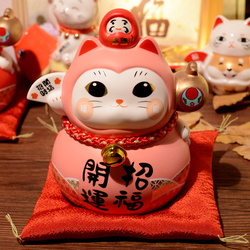 可爱萌娃招财猫摆件 7寸新款粉色陶瓷存钱罐书桌办公桌收银台摆设