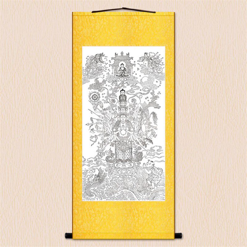 白描千手观音画像 观音菩萨画像佛堂家用装饰卷轴挂画丝绸画定制