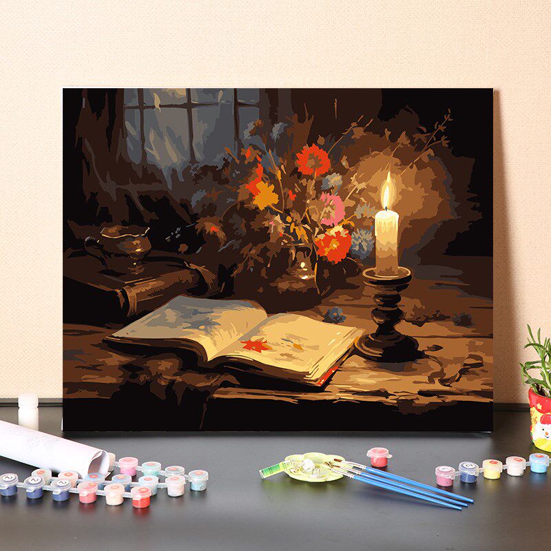 数字油画diy填充手工欧式复古炳烛夜读风景画填色油彩手绘丙烯画