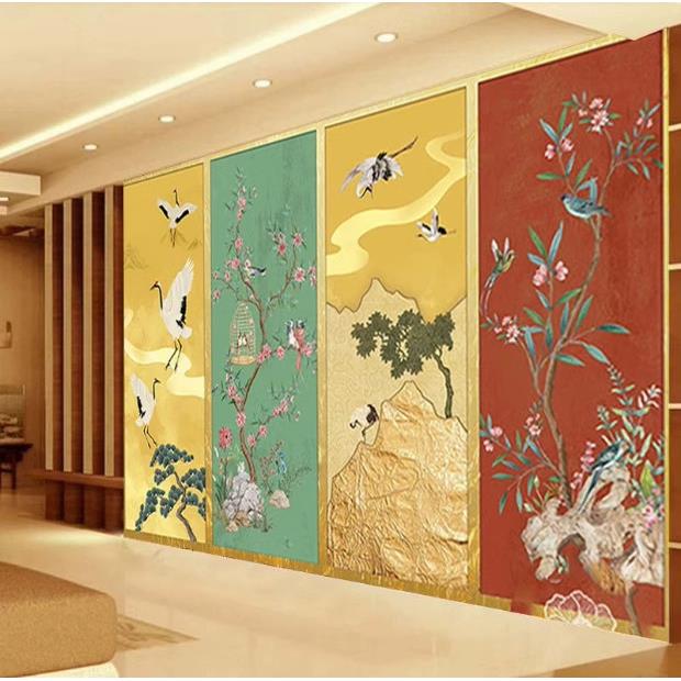 新中式工笔花鸟背景护墙板祥云白鹤电视沙发碳晶板办公室客厅墙板