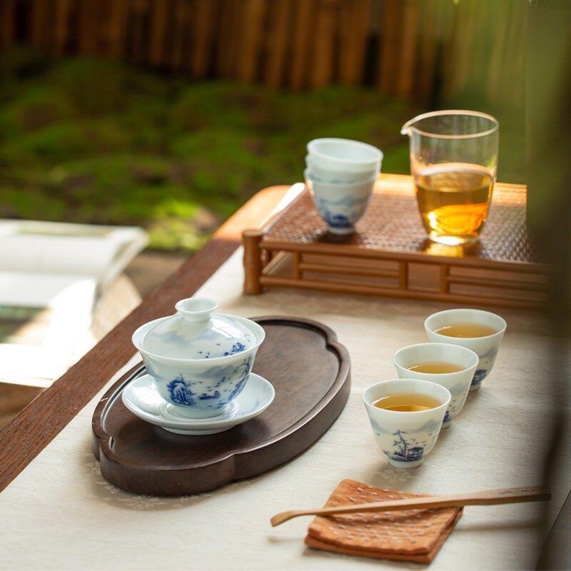 景德镇青花山水瓷器茶具礼品盖碗茶器功夫茶道整套手绘送礼