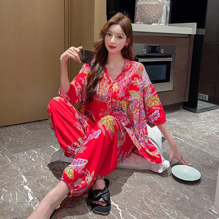 棉绸2025夏季新款棉绸女睡衣大尺码长裤七分袖宽松居家洋派棉绸套