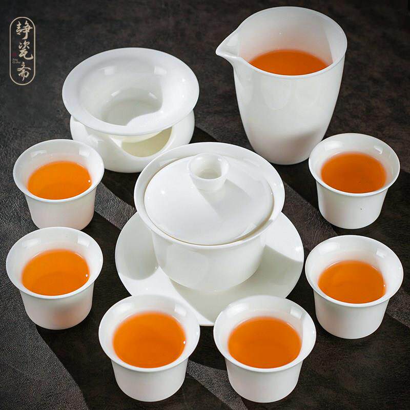 静瓷斋羊脂玉功夫茶具套装整套白瓷盖碗泡茶壶茶杯简约办公家用