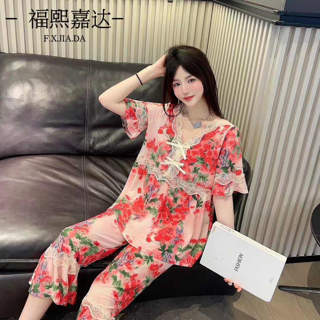 爆款家居服两件套宽松舒适大尺码拼蕾丝洋派可外出夏季冰丝睡衣套
