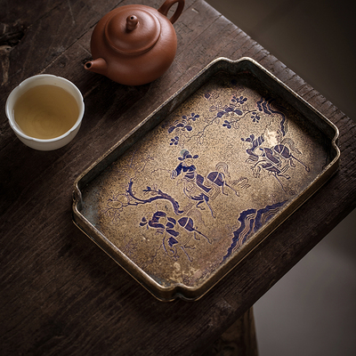 素功瑾礼仿古做旧漆绘宋画紫铜茶盘复古手工壶垫干泡台壶承茶托