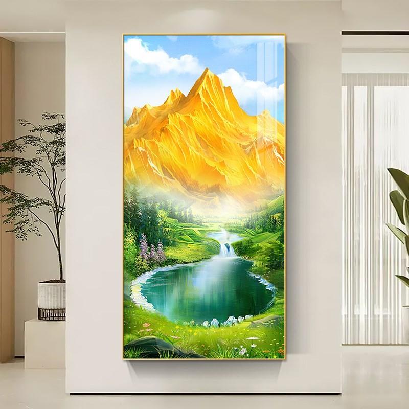 玄关装饰画金山图八方聚财山水画聚宝盆竖版风景挂画走廊过道壁画