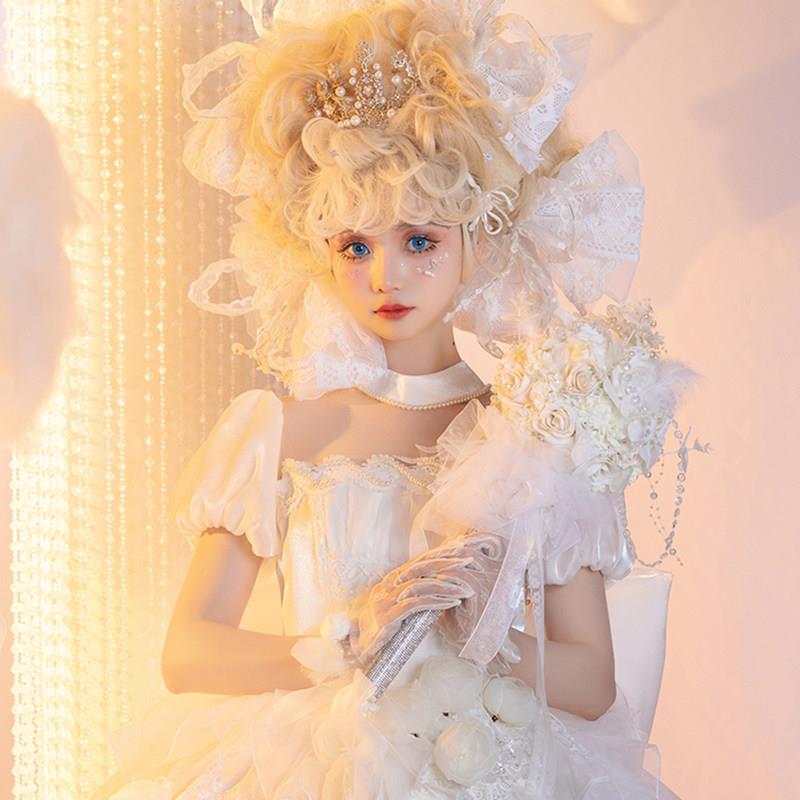 六芒星原创Lolita新娘手捧花 手工制作超大蝴蝶结婚礼头饰 白色蕾