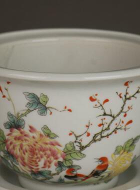 80年代粉彩鸟语花香陶瓷花盆多肉菖蒲盆栽盆怀旧花盆仿古怀旧瓷器