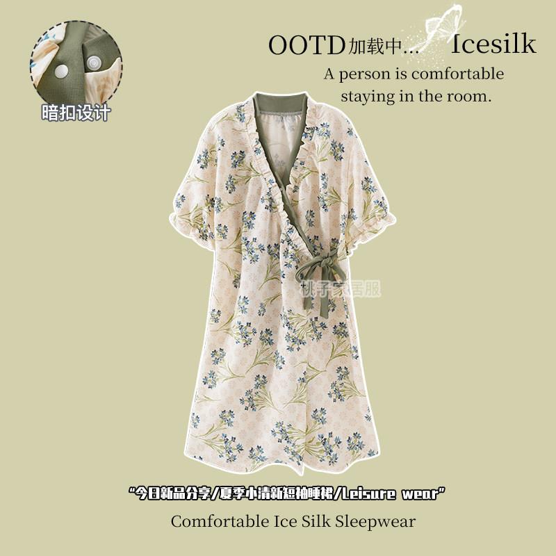 国风新中式碎花系带女士睡裙夏季云朵棉绸短袖中长款家居服连衣裙