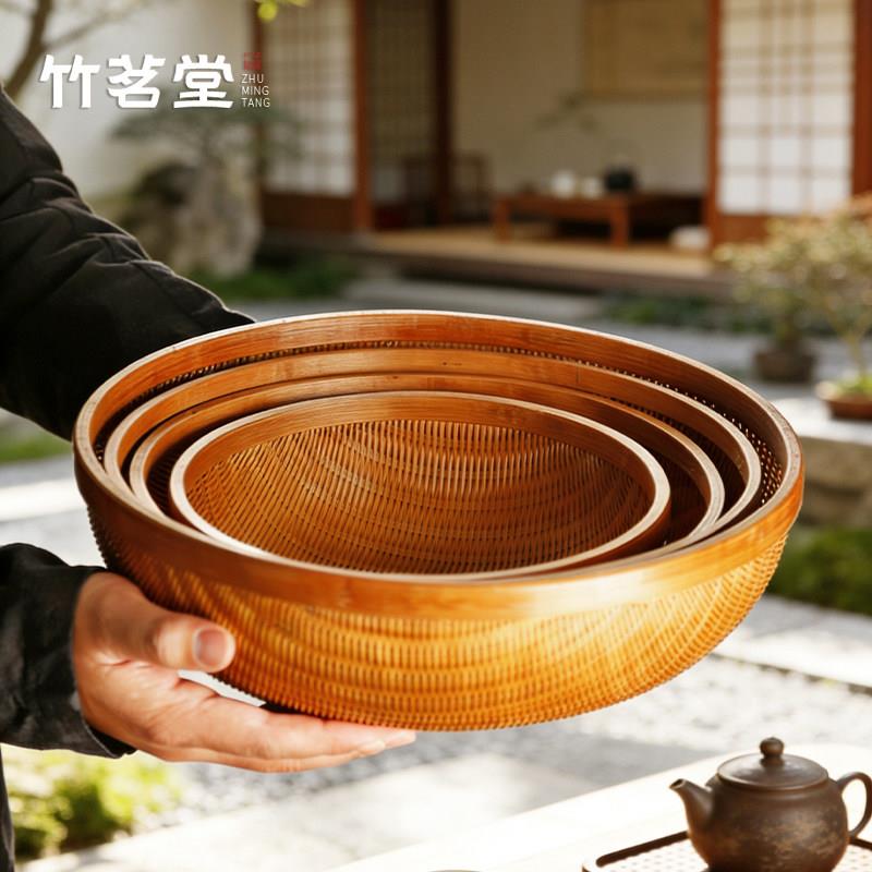 大漆竹编收纳筐收纳篮圆形簸箕竹篮水果篮馒头筐沥水洗菜篮鸡蛋篮