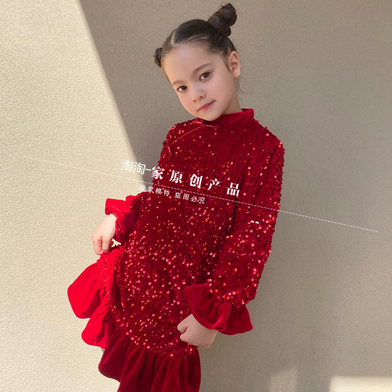 2024款儿童中式新年服女宝中国风裙子旗袍亮片演出服女童生日旗袍