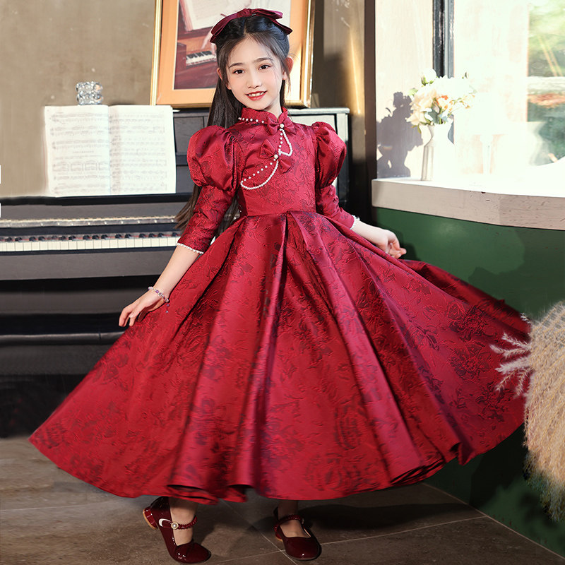 女童生日公主裙高端花童女孩中国风主持人红色旗袍儿童晚礼服春秋