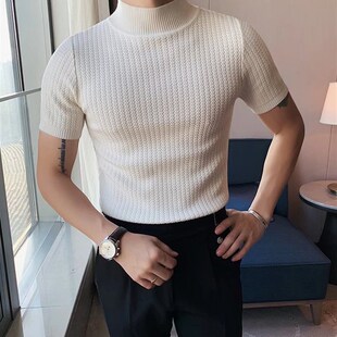 美式硬汉风小高领t恤男修身型弹力短袖针织衫薄款透气中领打底衫