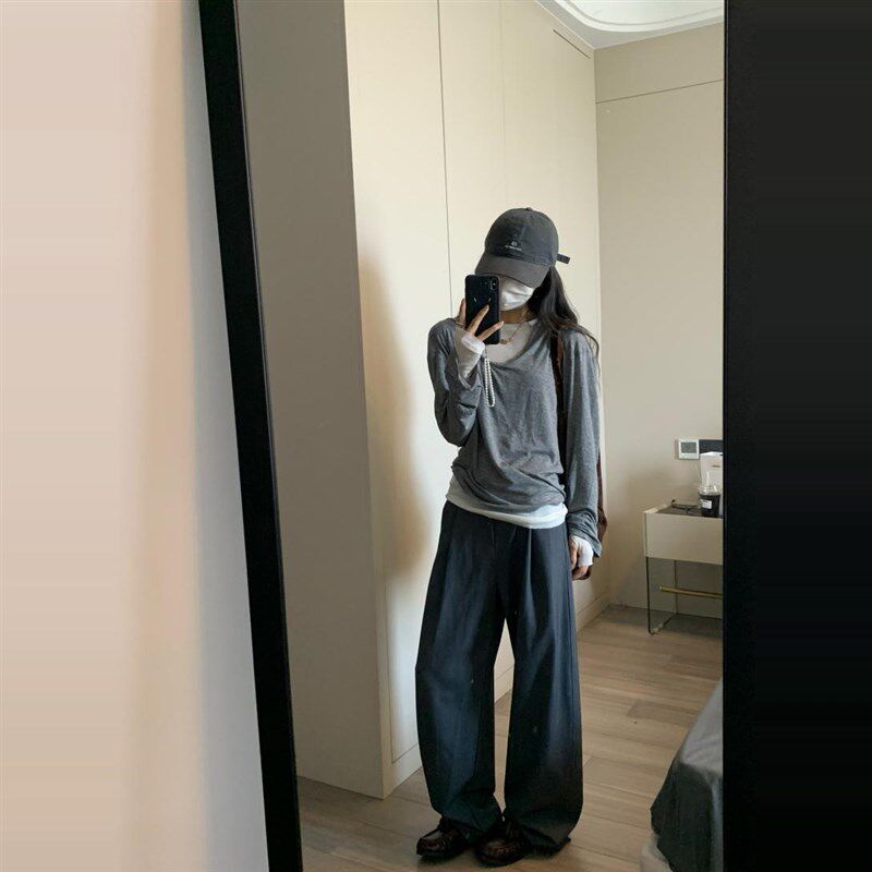 留下 1992 好版型自留高智感灰色直筒西装裤女羊毛垂感休闲长裤子