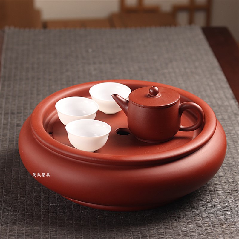 苏氏家用圆形鼓形紫砂茶盘精品潮州工夫茶具复古铜钱简约朱泥茶船