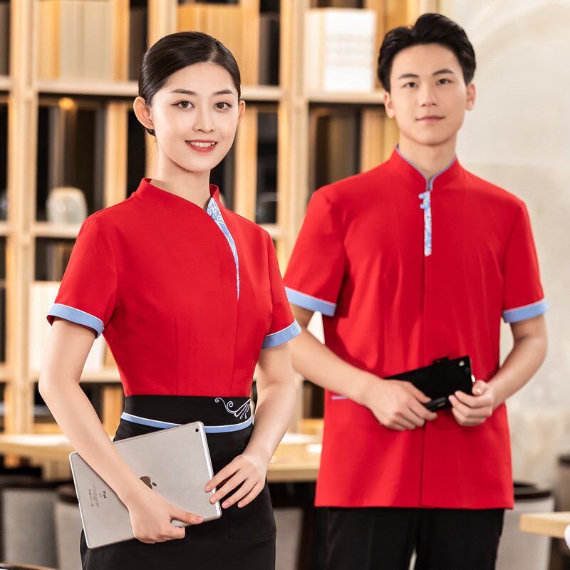 饭店高端新中式餐饮服务员短袖茶楼火锅酒店前厅白色工作服女夏季