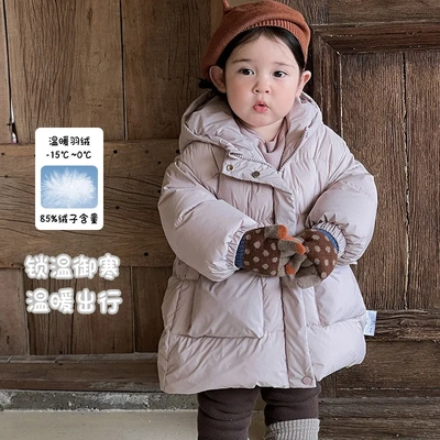 女童中长款羽绒服2025冬季新款婴幼儿连帽外套新国标90白鸭绒 a类