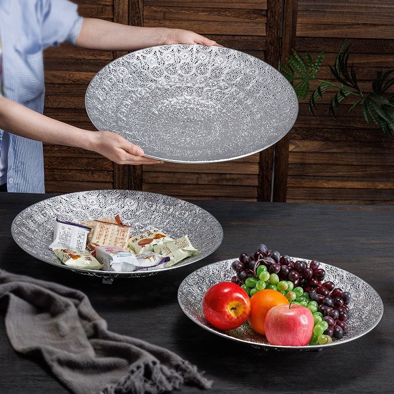 东南亚铁艺水果盘糖果盘茶几零食盘摆件复古贡盘托盘圆形大供品盘