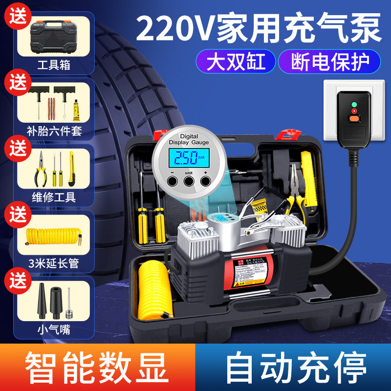 家用打气机220V汽车用打气泵电动打气筒可携式轮胎充气泵带测胎压